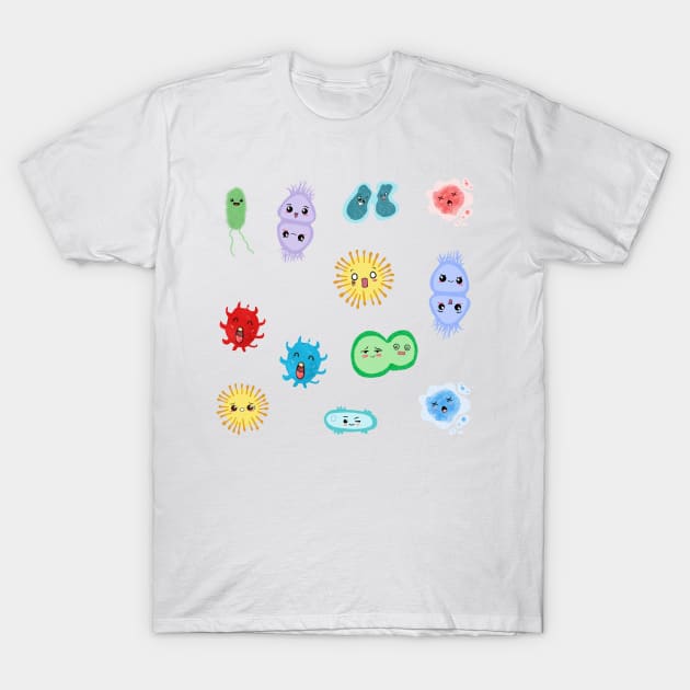 Cute Microbes Bacteria, Virus, Ecoli, MicroBiology Seamless Pattern Sticker Pack. T-Shirt by labstud